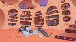 Size: 4000x2221 | Tagged: safe, artist:the smiling pony, artist:wardex101, twilight sparkle, pony, unicorn, g4, book, crying, depressed, discorded, discorded twilight, golden oaks library, inkscape, library, sad, sorrow, text, twilight tragedy, unicorn twilight