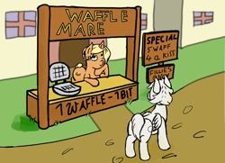 Size: 1146x831 | Tagged: safe, artist:frilanka, oc, oc:lavender, oc:maple dreams, earth pony, pegasus, pony, butt, dirt road, earth pony oc, female, filly, foal, food, food stand, implied lesbian, pegasus oc, plot, waffle