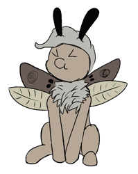 Size: 656x823 | Tagged: safe, artist:frilanka, oc, oc only, oc:dusty miller, moth, mothpony, original species, cyoa:landfall, ><, colt, eyes closed, foal, male, scrunchy face, simple background, sitting, solo, white background