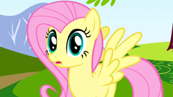 Size: 1280x720 | Tagged: safe, screencap, fluttershy, pegasus, pony, friendship is magic, g4, female, hill, mare, solo, spread wings, surprised, tree, wide eyes, wings
