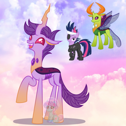 Size: 950x950 | Tagged: safe, artist:shiee-artopia223, thorax, twilight sparkle, changedling, changeling, pony, unicorn, g4, base used, changedling queen, eyepatch, female, fusion, fusion:thorax, fusion:twilight sparkle, future twilight, king thorax, mare, smiling, unicorn twilight, watermark