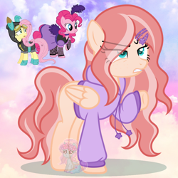 Size: 950x950 | Tagged: safe, artist:shiee-artopia223, fluttershy, pinkie pie, earth pony, pegasus, pony, g4, base used, clothes, costume, dangerous mission outfit, dress, eye clipping through hair, female, frown, fusion, goggles, hoodie, mare, raised hoof, saloon dress, saloon pinkie, worried