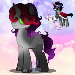 Size: 1280x1280 | Tagged: safe, artist:shiee-artopia223, king sombra, sweetie belle, earth pony, pony, unicorn, g4, base used, clothes, dress, eye clipping through hair, female, floral head wreath, flower, frown, fusion, fusion:king sombra, fusion:sweetie belle, hoof polish, mare