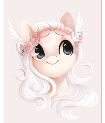 Size: 1140x1334 | Tagged: safe, artist:dammmnation, oc, oc only, earth pony, pony, bust, earth pony oc, female, floral head wreath, flower, mare, simple background, smiling, solo