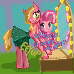 Size: 535x535 | Tagged: artist needed, source needed, safe, big macintosh, pinkie pie, earth pony, pony, g4, clothes, crossdressing, femboy, girly, makeup, male, mirror, simple background, skirt
