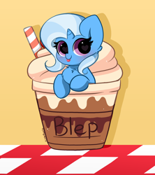 Size: 4328x4872 | Tagged: safe, artist:kittyrosie, trixie, pony, unicorn, g4, :p, blushing, brown background, chest fluff, cup, cup of pony, cute, diatrixes, female, frappuccino, horn, kittyrosie is trying to murder us, looking at you, mare, micro, simple background, smiling, smiling at you, solo, straw, tongue out, wingding eyes