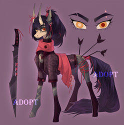 Size: 1269x1280 | Tagged: safe, artist:meggychocolatka, oc, oc only, pony, arrow, clothes, concave belly, ear piercing, earring, heterochromia, horns, jewelry, piercing, socks, sword, tail, tail wrap, thin, torn ear, weapon