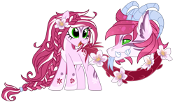 Size: 1280x748 | Tagged: safe, artist:lupulrafinat, oc, oc only, cow plant pony, monster pony, original species, plant pony, pony, augmented, augmented tail, braid, closed species, female, flower, forked tongue, horns, looking back, plant, simple background, smiling, tail, transparent background