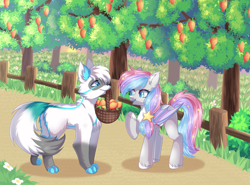 Size: 1910x1416 | Tagged: safe, artist:arllistar, oc, oc only, oc:dreamyway skies, oc:glacial scratch, bat pony, pony, wolf, basket, butt, chest fluff, commission, date, dirt road, farm, female, fence, food, male, mango, mare, oc x oc, plot, shipping, tree, wings