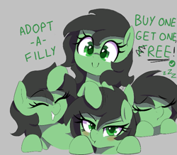 Size: 597x520 | Tagged: source needed, safe, artist:thebatfang, oc, oc:filly anon, earth pony, pony, :t, adoption, aggie.io, blushing, c:, cute, earth pony oc, eyes closed, female, filly, foal, free, gray background, grin, happy, looking at you, lying down, mare, multeity, ocbetes, onomatopoeia, pouting, prone, reeee, simple background, sleeping, smiling, smiling at you, sound effects, text, zzz