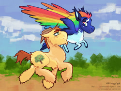 Size: 1280x960 | Tagged: safe, artist:renhorse, applejack, rainbow dash, pony, g4, alternate design, flying, running