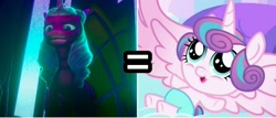 Size: 1464x628 | Tagged: safe, edit, edited screencap, screencap, opaline arcana, princess flurry heart, alicorn, pony, g4, g5, my little pony: make your mark, my little pony: make your mark chapter 1, season 6, the crystalling, spoiler:g5, spoiler:my little pony: make your mark, fan theory, female, headcanon, lies, mare, out of context, speculation