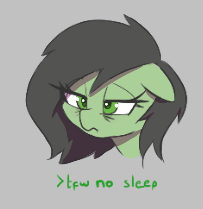 Size: 203x209 | Tagged: safe, artist:thebatfang, oc, oc only, oc:filly anon, earth pony, pony, aggie.io, bags under eyes, bust, earth pony oc, female, filly, floppy ears, foal, frown, gray background, greentext, lidded eyes, lowres, mare, simple background, solo, text, tired