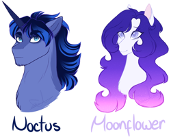 Size: 2000x1600 | Tagged: safe, artist:purplegrim40, oc, oc only, earth pony, pony, unicorn, bio in description, bust, duo, earth pony oc, female, horn, interspecies offspring, male, mare, offspring, parent:princess luna, parents:canon x oc, simple background, stallion, unicorn oc, white background