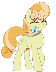 Size: 750x950 | Tagged: safe, artist:thebatfang, junebug, earth pony, pony, g4, cute, eyes closed, female, flower, flower in mouth, mare, mouth hold, simple background, smiling, solo, transparent background