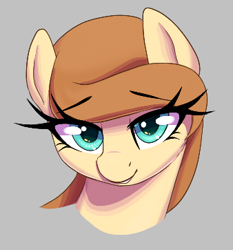 Size: 338x362 | Tagged: safe, artist:thebatfang, oc, oc only, oc:cream heart, earth pony, pony, aggie.io, bedroom eyes, bust, earth pony oc, eyebrows, eyebrows visible through hair, female, gray background, looking at you, lowres, mare, simple background, smiling, solo