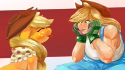 Size: 3840x2160 | Tagged: safe, artist:applephil, applejack, earth pony, human, pony, g4, applejacked, breasts, busty applejack, clothes, duo, eyes closed, faic, female, floppy ears, gloves, granny smith's shawl, high res, human ponidox, humanized, mare, muscles, muscular female, overalls, self paradox, self ponidox, shawl, silly, tongue out