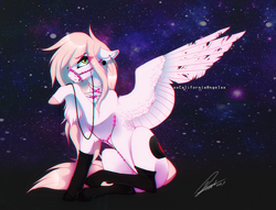 Size: 1046x801 | Tagged: safe, artist:kingprobby, oc, oc:pinky, pegasus, pony, bridle, clothes, ear piercing, earring, female, jewelry, mare, piercing, reins, socks, solo, tack, tattered, tattered wings, wings