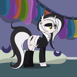 Size: 3000x3000 | Tagged: safe, artist:bestponies, oc, oc only, oc:diamond horseshoe, pony, unicorn, alternate hairstyle, clothes, ear piercing, earring, eyeshadow, female, goth, high res, horn, jewelry, makeup, mare, piercing, shoes, socks, suit, unicorn oc