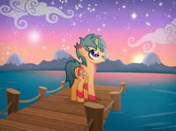 Size: 1200x895 | Tagged: safe, artist:jennieoo, oc, oc only, pony, unicorn, amazed, cloud, female, filly, foal, happy, morning, pier, show accurate, sky, solo, starry eyes, teenager, vector, water, wingding eyes