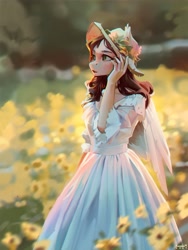 Size: 2000x2657 | Tagged: safe, artist:annna markarova, oc, oc only, pegasus, anthro, bow, clothes, cottagecore, cute, dress, eyes open, flower, flower in hair, hair bow, hat, high res, ocbetes, solo, summer, sun hat, sundress