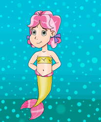 Size: 920x1109 | Tagged: safe, artist:ocean lover, kettle corn, human, mermaid, g4, bandeau, bare shoulders, belly button, bubble, child, cute, disney style, fins, fish tail, gradient background, hand behind back, human coloration, humanized, kettlebetes, looking at you, mermaid tail, mermaidized, mermay, midriff, ribbon, shiny skin, smiling, smiling at you, solo, species swap, tail, tail fin, underwater, water
