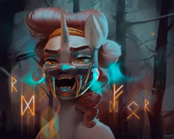 Size: 2048x1636 | Tagged: safe, artist:annna markarova, oc, pony, unicorn, digital art, forest, futhark, looking at you, mask, open mouth, runes, solo