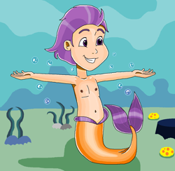 Size: 1128x1101 | Tagged: safe, artist:ocean lover, tender taps, human, merboy, g4, arms wide open, bare shoulders, belly button, boulder, chest, child, coral, cute, fins, grin, human coloration, humanized, male, male nipples, mermaidized, mermay, nipples, rock, sand, smiling, solo, species swap, sponge, tail, tail fin, underwater