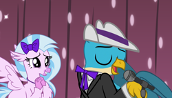 Size: 1052x598 | Tagged: safe, artist:disneymarvel96, edit, vector edit, gallus, silverstream, griffon, hippogriff, g4, bow, bowtie, clothes, duo, female, hair bow, hat, jazz, male, microphone, ribbon bow tie, rock and roll, ship:gallstream, shipping, straight, suit, vector