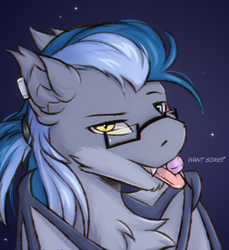 Size: 2100x2289 | Tagged: safe, artist:snowstormbat, oc, oc only, oc:midnight snowstorm, bat pony, bust, candy, dialogue, fluffy, food, glasses, high res, lollipop, male, ponytail, portrait, smiling, solo, wings