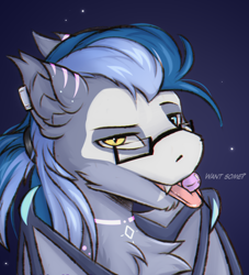 Size: 2092x2305 | Tagged: safe, alternate version, artist:snowstormbat, oc, oc only, oc:midnight snowstorm, bat pony, bodypaint, bust, candy, dialogue, fluffy, food, glasses, high res, lollipop, male, ponytail, portrait, smiling, solo, tribal, wings