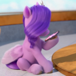 Size: 500x500 | Tagged: safe, screencap, pipp petals, pegasus, pony, g5, my little pony: make your mark, my little pony: make your mark chapter 1, spoiler:my little pony: make your mark, cropped, female, mare, phone, sitting, solo