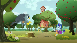 Size: 1920x1080 | Tagged: safe, screencap, blue note, gabby, griffon, pony, unicorn, g4, the fault in our cutie marks, apple, apple tree, clubhouse, crusaders clubhouse, musical instrument, saxophone, tree, tree stump