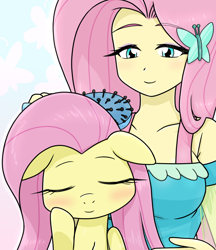 Size: 640x740 | Tagged: safe, artist:batipin, part of a set, fluttershy, human, pegasus, pony, equestria girls, g4, blushing, breasts, brush, brushing mane, busty fluttershy, butterfly hairpin, clothes, cute, dress, duality, duo, eyes closed, eyeshadow, female, floppy ears, fluttershy boho dress, hairbrush, hairpin, human ponidox, lidded eyes, makeup, self paradox, self ponidox, shyabetes, weapons-grade cute