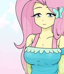 Size: 640x740 | Tagged: safe, alternate version, artist:batipin, fluttershy, human, equestria girls, g4, blushing, breasts, busty fluttershy, cleavage, clothes, dress, female, fluttershy boho dress, hairpin, lidded eyes, looking at you, solo