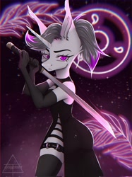 Size: 1532x2048 | Tagged: safe, artist:shinech9, oc, oc only, oc:hazel radiate, unicorn, anthro, anthro oc, belt buckle, blurry background, clothes, commission, commissioner:biohazard, dark background, dress, ear fluff, evening gloves, eyebrows, eyelashes, female, gloves, highlights, horn, katana, long gloves, looking at you, mare, neon, no tail, ponytail, pose, purple eyes, shoulderless, side slit, socks, solo, starry background, stockings, sword, thigh highs, thigh muffintop, unicorn oc, weapon, ych result