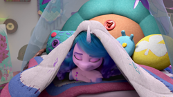 Size: 1920x1080 | Tagged: safe, screencap, izzy moonbow, pony, unicorn, g5, my little pony: make your mark, my little pony: make your mark chapter 1, spoiler:my little pony: make your mark, bed, bracelet, cute, eyes closed, female, izzybetes, jewelry, lying down, mare, pillow, prone, sleeping, smiling, solo, unshorn fetlocks