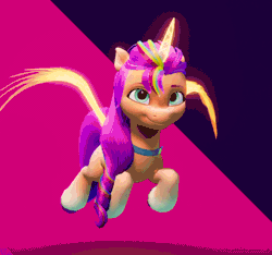 Size: 1002x939 | Tagged: safe, sunny starscout, alicorn, pony, g5, my little pony: a maretime bay adventure, alicornified, animated, artificial horn, artificial wings, augmented, female, flying, game screencap, gif, horn, i watch it for the ears, loop, magic, magic horn, magic wings, mane stripe sunny, mare, race swap, sunnycorn, wings