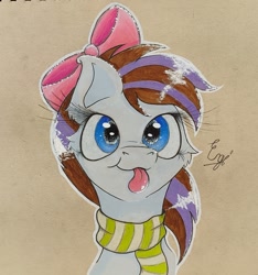 Size: 1377x1469 | Tagged: safe, artist:engi, oc, oc only, oc:breezy, earth pony, pony, bow, clothes, cute, female, hair bow, looking at you, outline, scarf, simple background, smiling, solo, striped scarf, tongue out, traditional art, watercolor painting, white outline