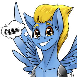 Size: 2500x2500 | Tagged: safe, artist:mekblue, oc, oc:mechanical star, pegasus, pony, amputee, grin, high res, looking at you, male, pegasus oc, ponysona, profile picture, prosthetic leg, prosthetic limb, prosthetics, signature, simple background, smiling, solo, spread wings, stallion, thought bubble, white background, wings