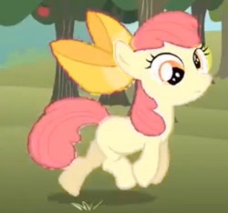 Size: 274x256 | Tagged: dead source, safe, artist:pagiepoppie12345, edit, edited screencap, screencap, apple bloom, opal bloom, earth pony, pony, g4, season 2, the super speedy cider squeezy 6000, apple, bow, derp, female, filly, foal, food, hair bow, mare, needs more jpeg, sweet apple acres, tree