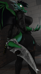 Size: 4320x7680 | Tagged: safe, artist:vladichslg, oc, oc:green hit, dragon, 3d, 8k, ass, big breasts, blade, boots, breasts, butt, choker, clothes, dragon tail, evil grin, grin, gun, handgun, jacket, leather jacket, leather skirt, pistol, red eyes, rule 63, shiny, shoes, skirt, smiling, source filmmaker, spiky hair, tail, weapon, wings