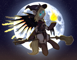 Size: 1200x947 | Tagged: safe, artist:avrameow, oc, oc only, broom, clothes, cosplay, costume, flying, flying broomstick, hat, magic, mercy, moon, overwatch, solo, witch, witch hat
