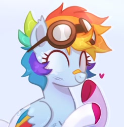 Size: 1184x1210 | Tagged: safe, artist:oddysies, rainbow dash, pegasus, pony, g4, ^^, alternate design, alternate hairstyle, aviator goggles, bandaid, bandaid on nose, blue background, bruised, cloud pattern, coat markings, colored hooves, colored wings, cute, dashabetes, ear tufts, eyes closed, facial markings, female, floating heart, folded wings, goggles, goggles on head, half body, heart, hoof over mouth, hooves, light blue background, mare, multicolored hooves, multicolored wings, redesign, scratches, short hair, short mane, simple background, smiling, socks (coat markings), solo, wings