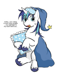 Size: 1300x1700 | Tagged: safe, artist:fuigumi, shining armor, pony, unicorn, g4, cute, embarrassed, gleaming shield, hat, male, nightcap, open mouth, pillow, raised eyebrow, rule 63, shining adorable, sitting, solo, stallion, sweat, tooth, unshorn fetlocks