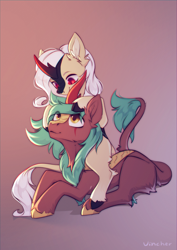 Size: 2894x4093 | Tagged: safe, artist:vincher, oc, oc only, oc:sahara_(kirin), oc:selketo, hybrid, kirin, bat eyes, colored horn, colt, curved horn, eye contact, father and child, father and son, foal, green hair, hoof on head, horn, interspecies offspring, kirin oc, looking at each other, looking at someone, lying down, male, neck fluff, offspring, older, parent:oc:selketo, parent:oc:valentora, parents:oc x oc, scales, scar, simple background, sitting on pony, size difference, smiling, sombra horn, tail, tail fluff, unshorn fetlocks, white hair, younger
