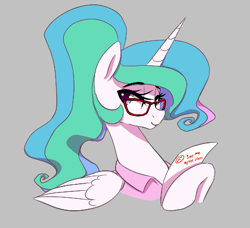 Size: 463x423 | Tagged: safe, artist:thebatfang, princess celestia, alicorn, pony, aggie.io, alternate hairstyle, bedroom eyes, clothes, eyebrows, eyebrows visible through hair, female, glasses, gray background, hoof hold, lidded eyes, looking back, mare, paper, ponytail, shirt, simple background, smiling, teacher