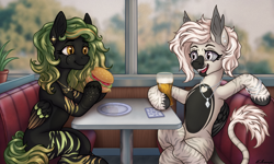 Size: 3000x1801 | Tagged: safe, artist:eltaile, oc, oc only, oc:devilvoice, oc:greenviper, bat pony, pony, alcohol, beer, burger, commission, detailed background, diner, duo, ear piercing, earring, eating, female, food, hay burger, jewelry, leonine tail, necklace, open mouth, piercing, plate, restaurant, sitting, smiling, tail, talking, tongue out