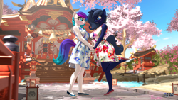 Size: 1920x1080 | Tagged: safe, artist:anthroponiessfm, oc, oc:aurora starling, oc:midnight music, anthro, plantigrade anthro, 3d, anthro oc, blushing, cherry blossoms, clothes, cottagecore, cute, dress, duo, female, flower, flower blossom, genshin impact, glasses, holding hands, lesbian, looking at each other, looking at someone, shoes, source filmmaker, sweet dreams fuel, wholesome