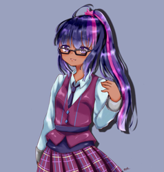 Size: 975x1024 | Tagged: safe, artist:moh_mlp2, color edit, edit, editor:diameltzowo, sci-twi, twilight sparkle, human, equestria girls, g4, my little pony equestria girls: friendship games, blue background, clothes, crystal prep academy uniform, dark skin, female, friendship games outfit, looking at you, necktie, open mouth, ponytail, school uniform, simple background, skin color edit, solo